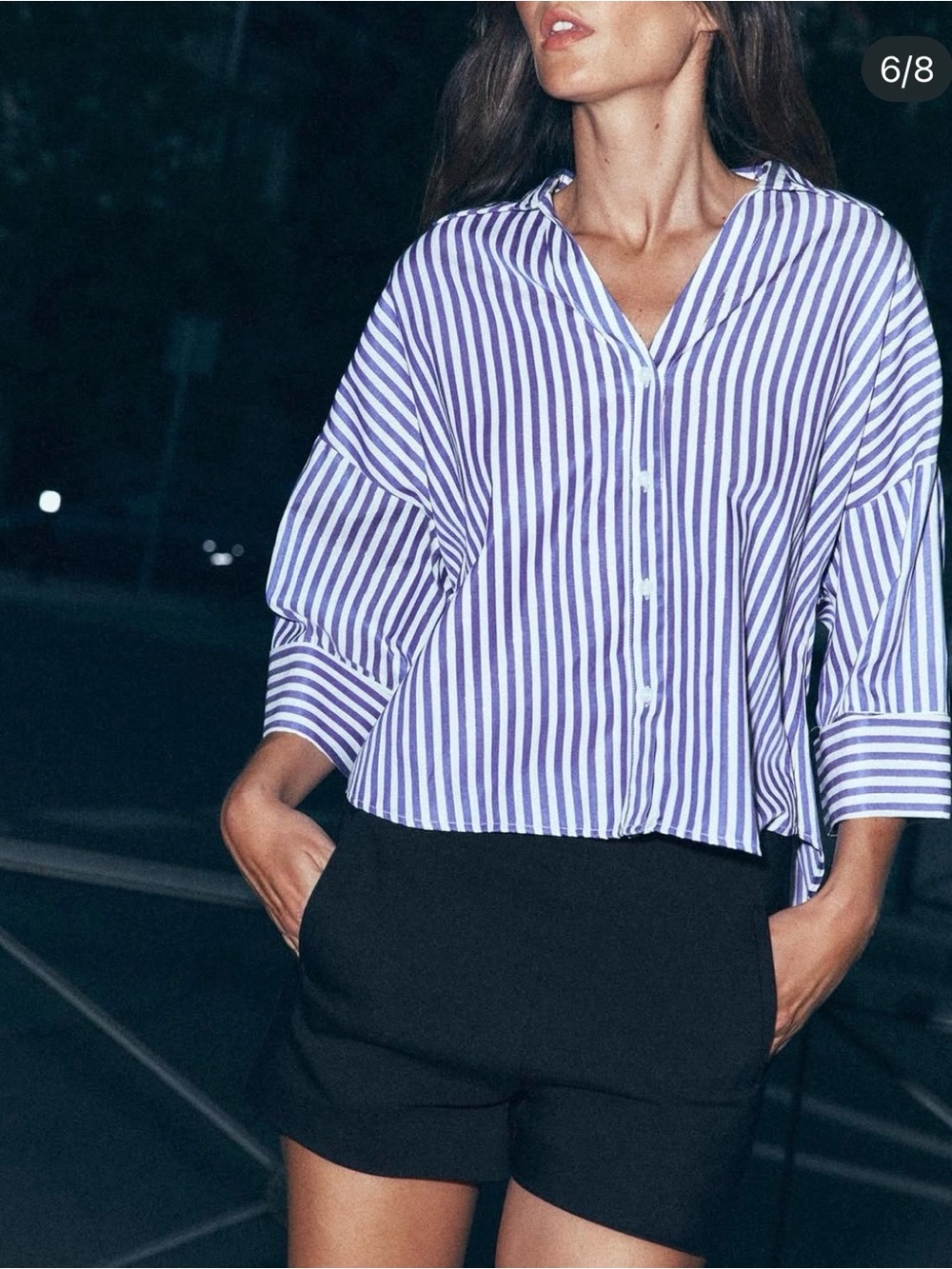 ZARA Women’s Cropped Oversized Blue & White Capsule Stripe Button-Down Shirt M